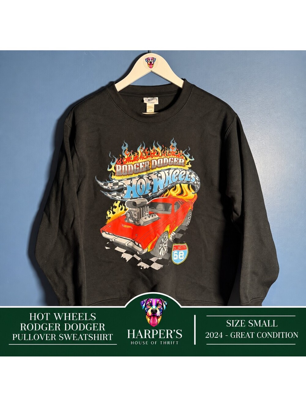 Hot Wheels Rodger Dodger Graphic Pullover Sweatshirt Black Small 2024